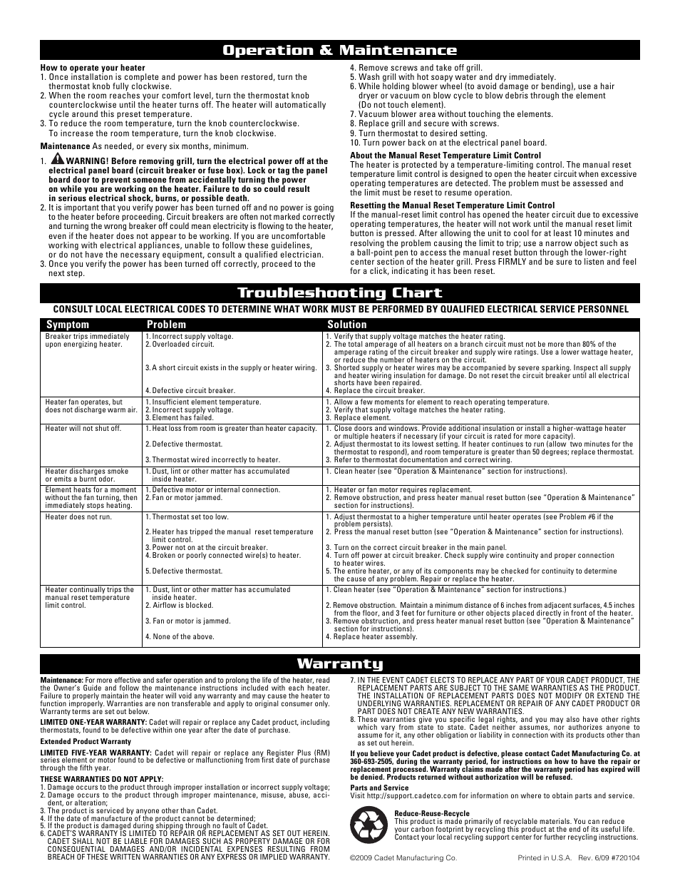 Operation & maintenance warranty, Troubleshooting chart, Symptom problem solution | Cadet The Register Plus RM108 User Manual | Page 4 / 8