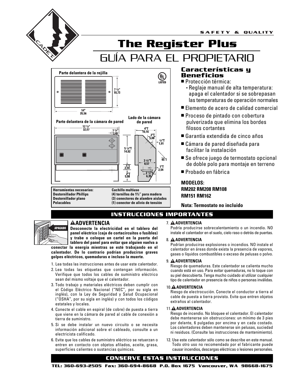 Guía para el propietario the register plus, Características y beneficios, Protección térmica | Elemento de acero de calidad comercial, Garantía extendida de cinco años, Probado en fábrica, Advertencia, Conserve estas instrucciones, Instrucciones importantes | Cadet The Register Plus RM108 User Manual | Page 5 / 8