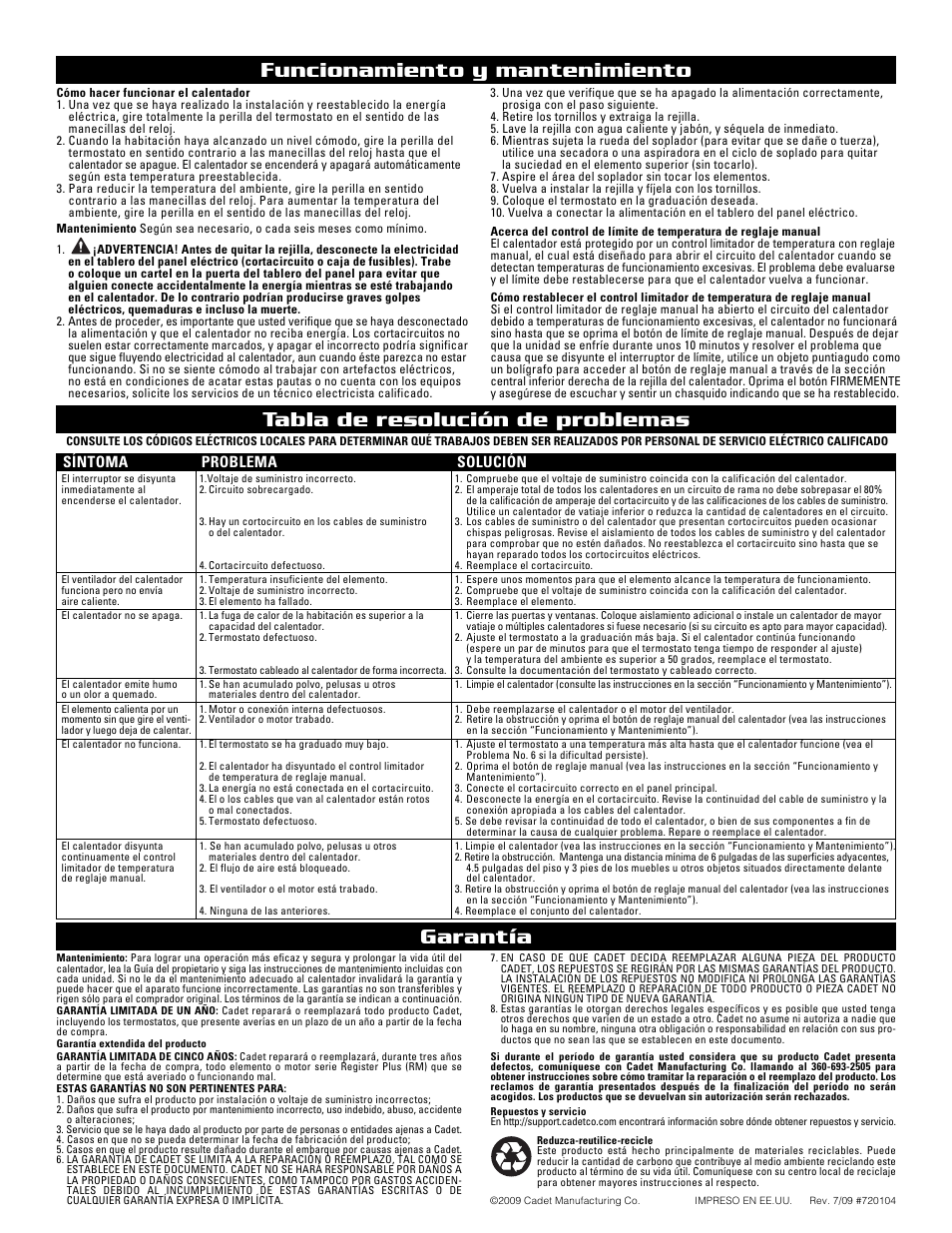 Funcionamiento y mantenimiento garantía, Tabla de resolución de problemas, Síntoma problema solución | Cadet The Register Plus RM108 User Manual | Page 8 / 8