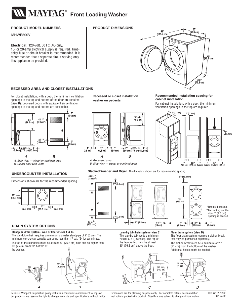 Maytag MHWE500VE Dimension Guide User Manual | 1 page