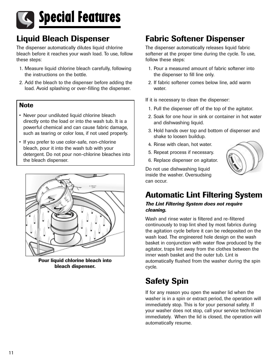 Special features, Liquid bleach dispenser, Fabric softener dispenser | Automatic lint filtering system, Safety spin | Maytag HAV2460AWW User Manual | Page 12 / 48