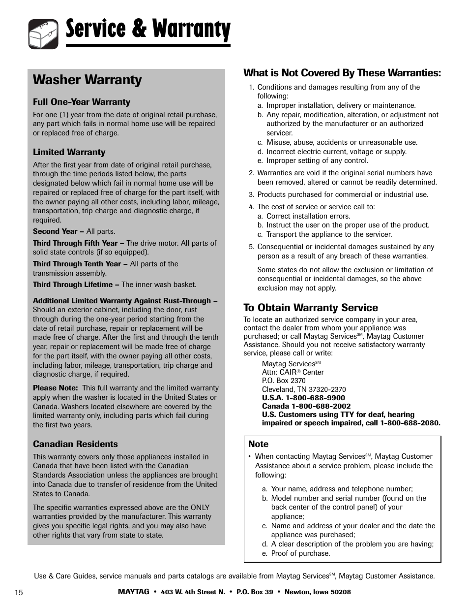 Service & warranty, Washer warranty, What is not covered by these warranties | Maytag HAV2460AWW User Manual | Page 16 / 48