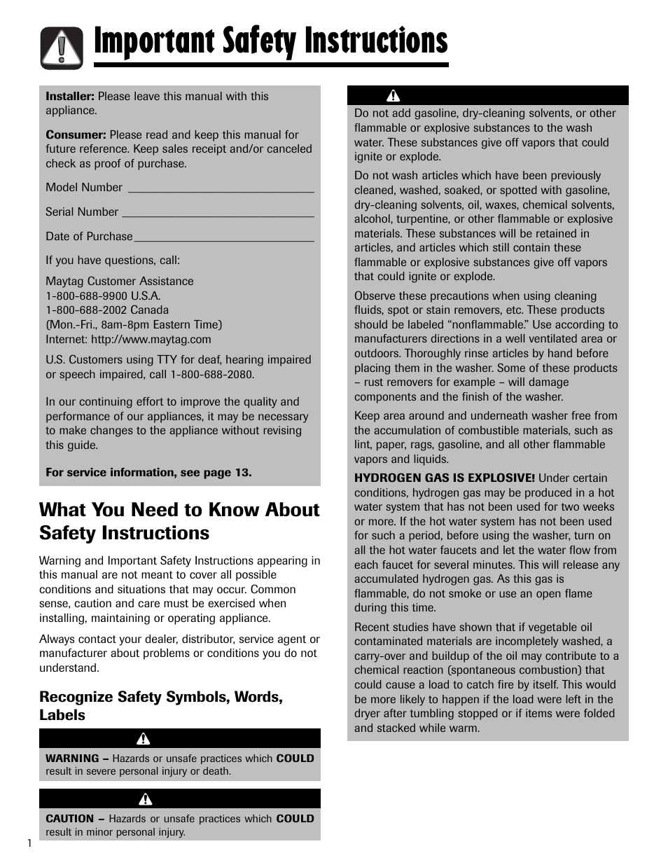 Important safety instructions, What you need to know about safety instructions | Maytag HAV2460AWW User Manual | Page 2 / 48