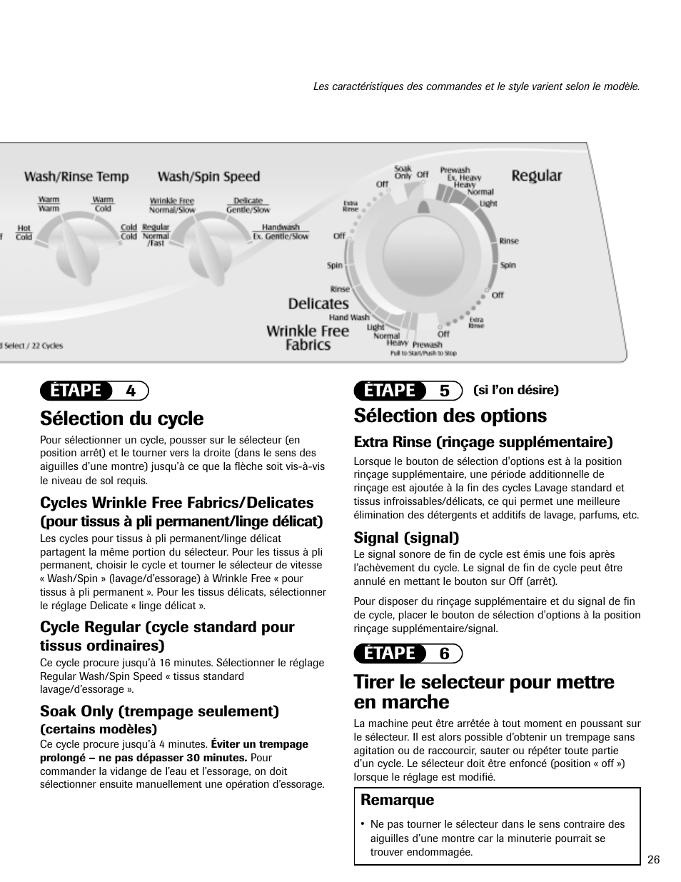 Sélection du cycle, Sélection des options, Tirer le selecteur pour mettre en marche | Étape 4 étape 5 étape 6 | Maytag HAV2460AWW User Manual | Page 27 / 48