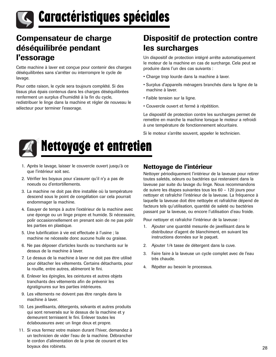 Caractéristiques spéciales nettoyage et entretien, Dispositif de protection contre les surcharges, Nettoyage de l’intérieur | Maytag HAV2460AWW User Manual | Page 29 / 48