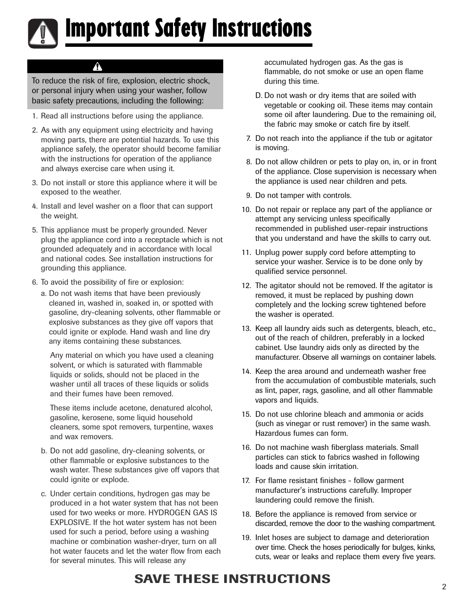 Important safety instructions, Save these instructions, Warning | Maytag HAV2460AWW User Manual | Page 3 / 48