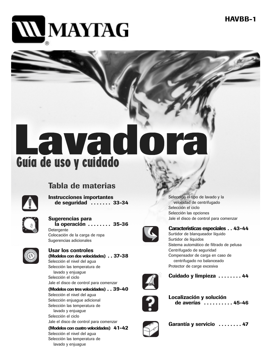 Guía de uso y cuidado, Tabla de materias, Havbb-1 | Maytag HAV2460AWW User Manual | Page 33 / 48
