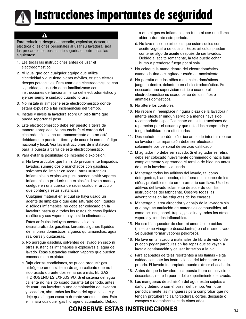 Instrucciones importantes de seguridad, Conserve estas instrucciones, Advertencia | Maytag HAV2460AWW User Manual | Page 35 / 48