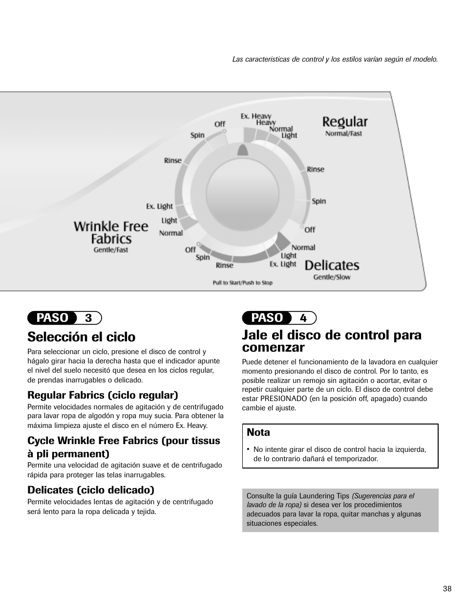 Selección el ciclo, Jale el disco de control para comenzar, Paso 3 paso 4 | Maytag HAV2460AWW User Manual | Page 39 / 48