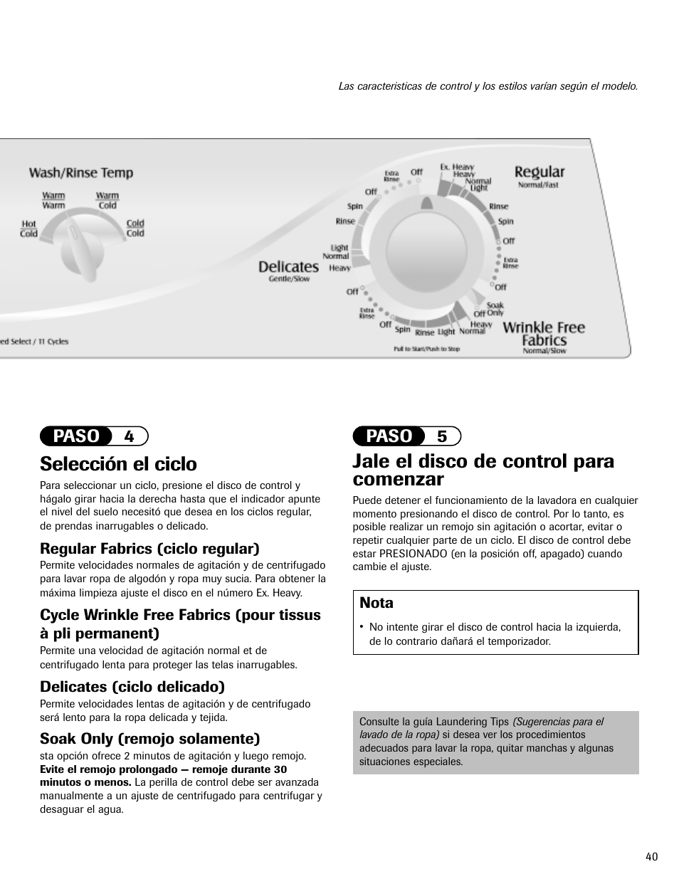 Selección el ciclo, Jale el disco de control para comenzar, Paso 4 paso 5 | Maytag HAV2460AWW User Manual | Page 41 / 48