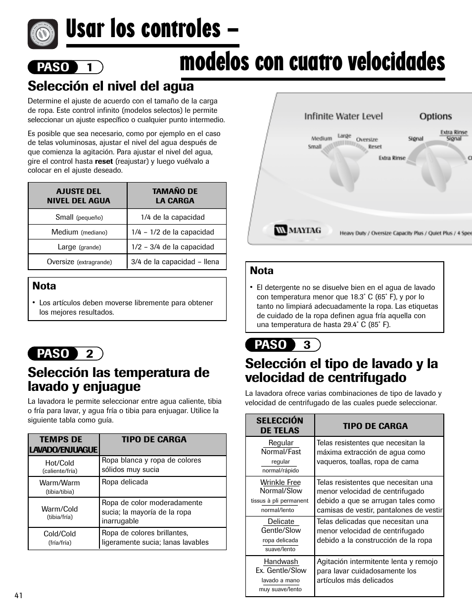 Selección el nivel del agua, Selección las temperatura de lavado y enjuague, Paso 3 | Paso 1 paso 2, Nota | Maytag HAV2460AWW User Manual | Page 42 / 48