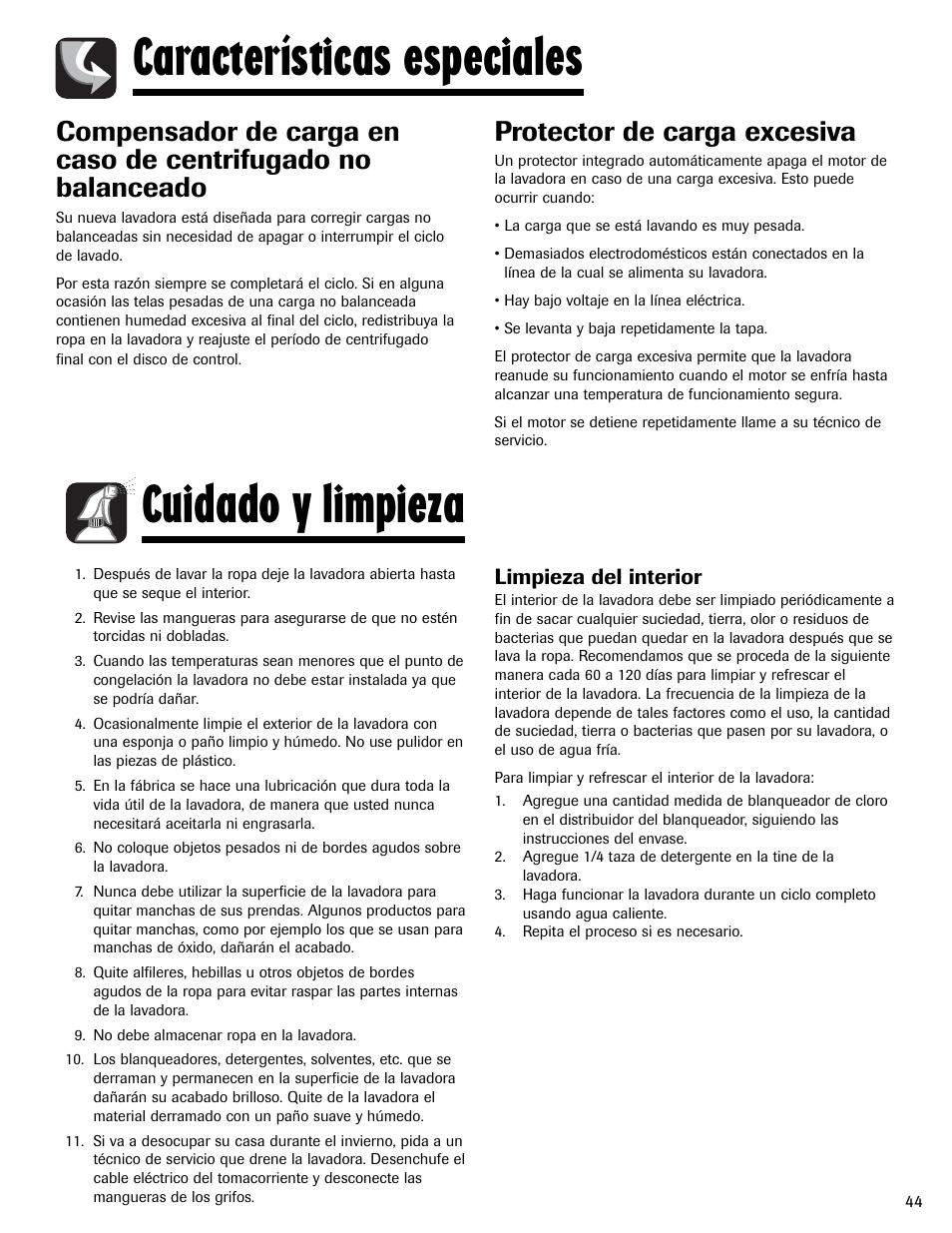 Características especiales cuidado y limpieza, Protector de carga excesiva, Limpieza del interior | Maytag HAV2460AWW User Manual | Page 45 / 48