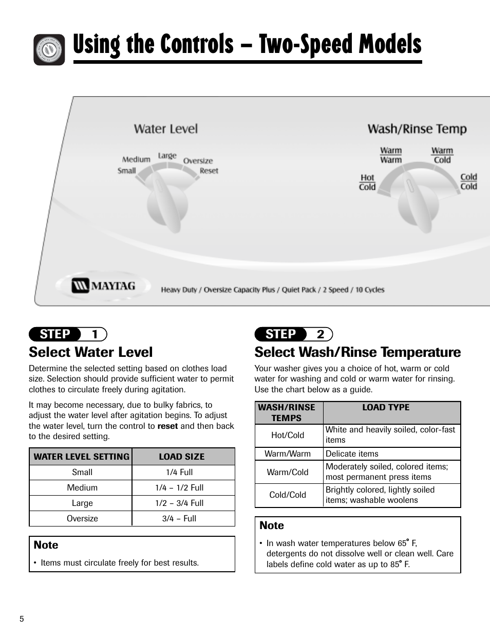 Using the controls – two-speed models, Select water level, Select wash/rinse temperature | Step 1 step 2 | Maytag HAV2460AWW User Manual | Page 6 / 48