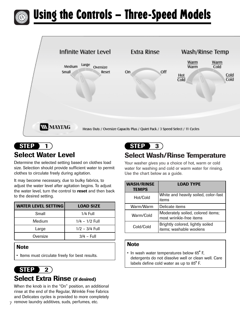 Using the controls – three-speed models, Select wash/rinse temperature, Select water level | Select extra rinse, Step 1 step 2 step 3 | Maytag HAV2460AWW User Manual | Page 8 / 48