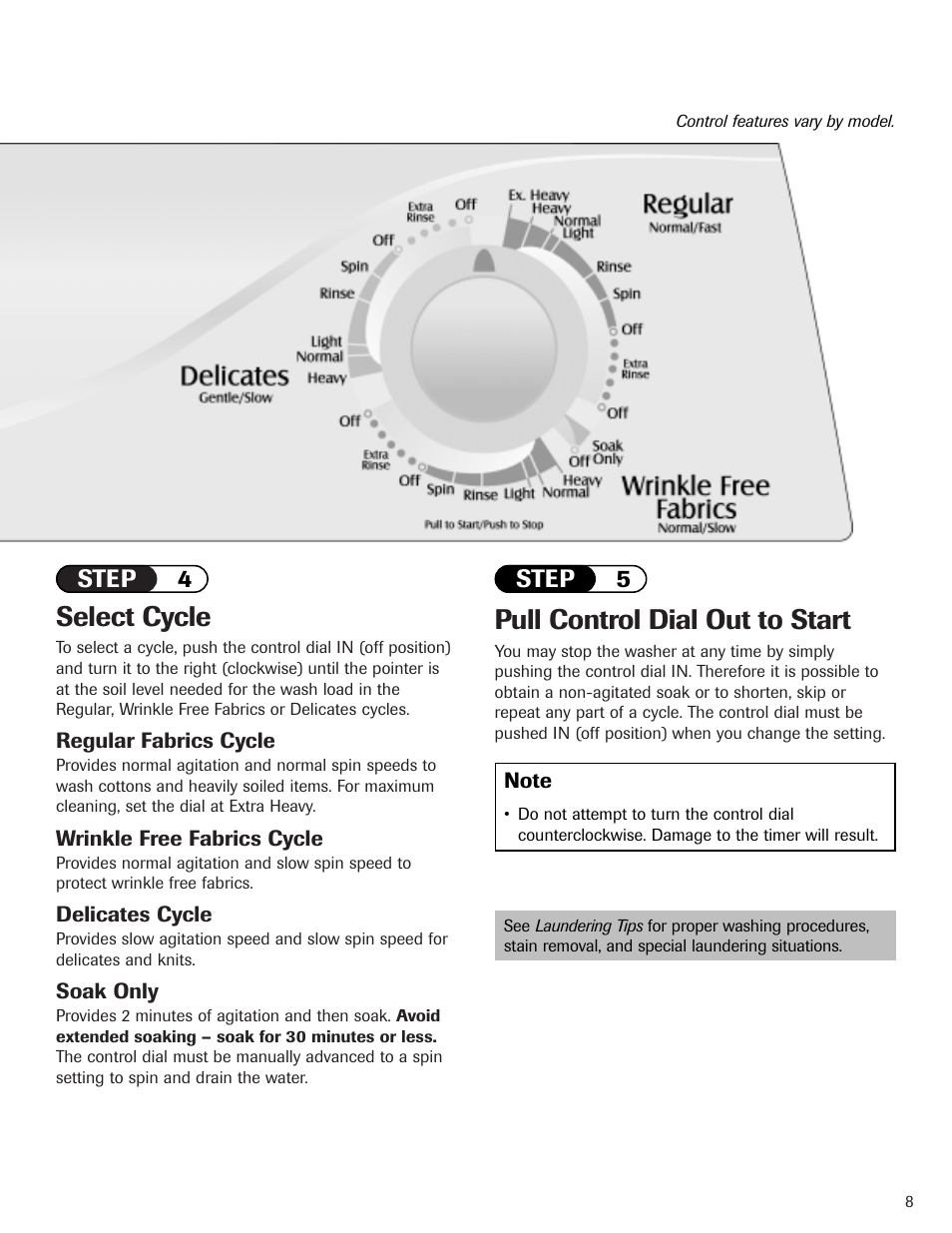 Pull control dial out to start, Select cycle, Step 4 step 5 | Maytag HAV2460AWW User Manual | Page 9 / 48