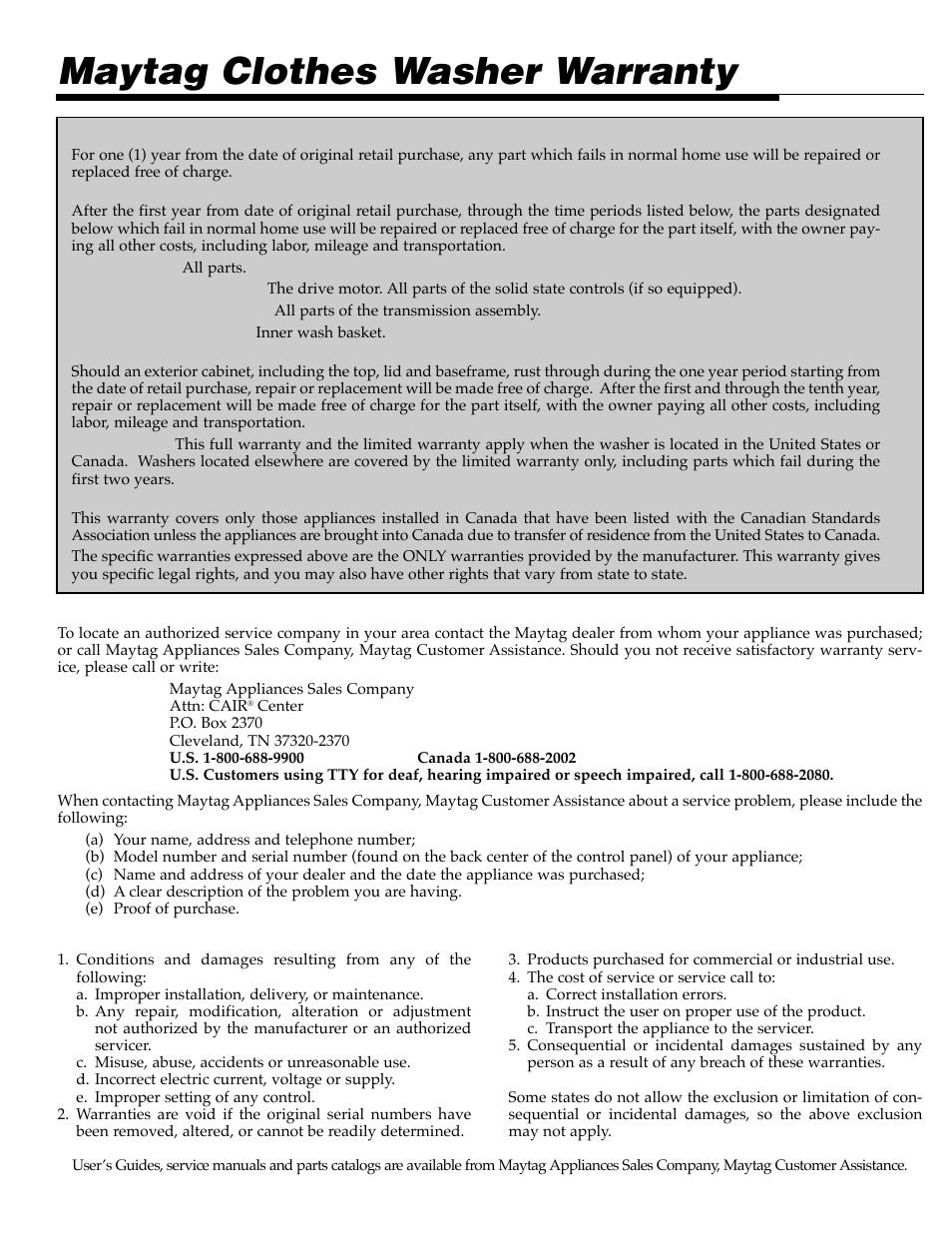 Maytag clothes washer warranty | Maytag SAV505DAWW User Manual | Page 10 / 32