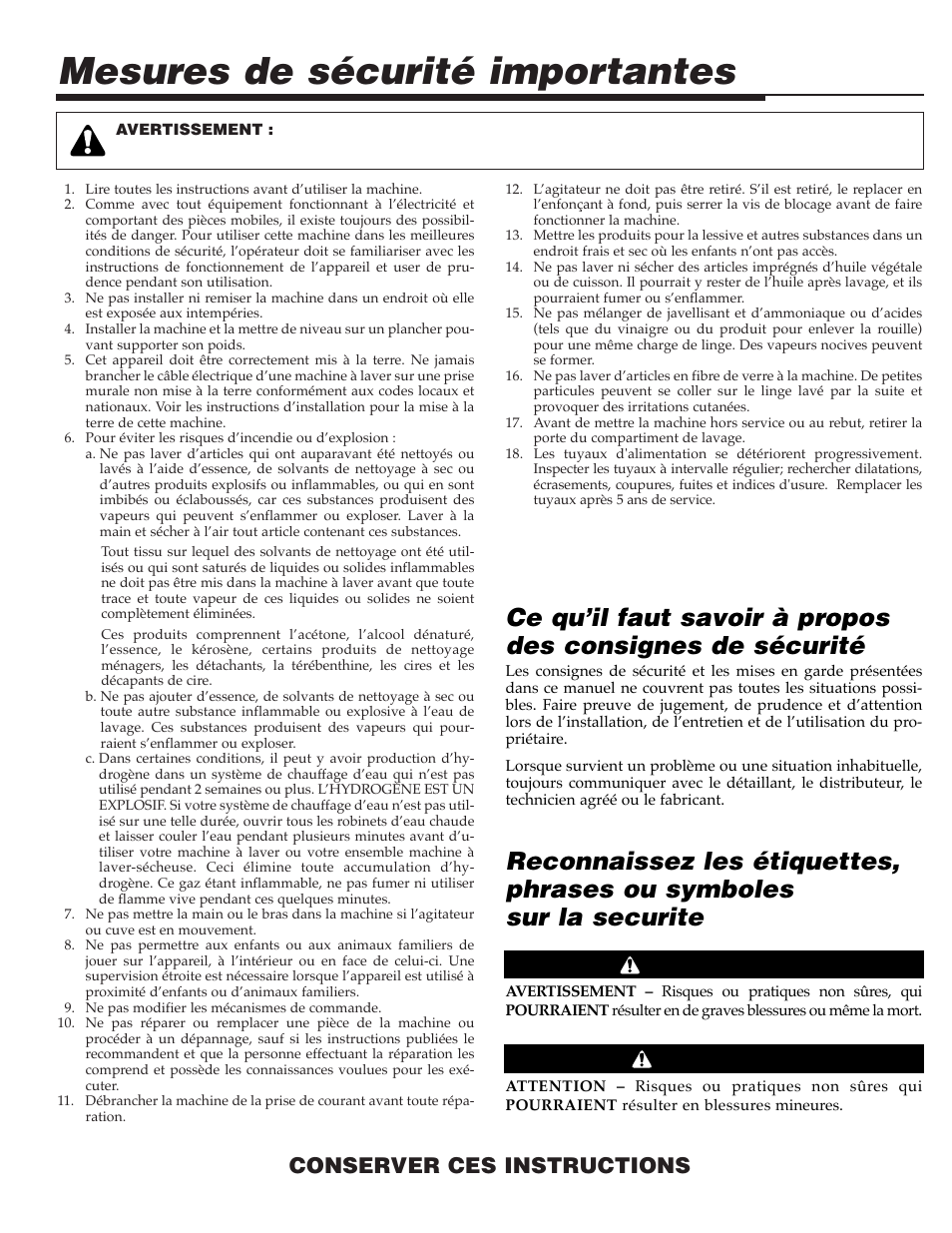 Mesures de sécurité importantes, Conserver ces instructions, Avertissement attention | Maytag SAV505DAWW User Manual | Page 12 / 32