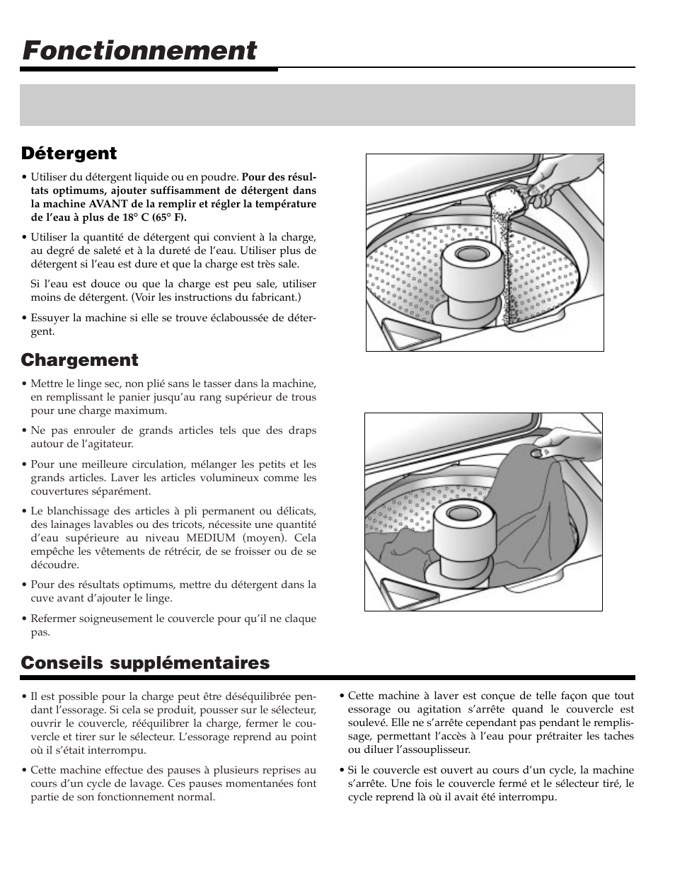 Fonctionnement, Chargement, Conseils supplémentaires | Détergent | Maytag SAV505DAWW User Manual | Page 13 / 32