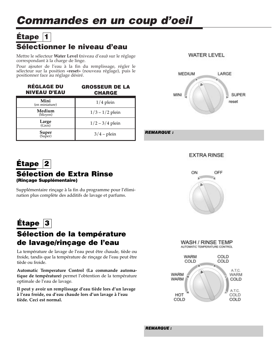 Commandes en un coup d’oeil, Étape 1 sélectionner le niveau d’eau, Étape 2 sélection de extra rinse | Maytag SAV505DAWW User Manual | Page 14 / 32