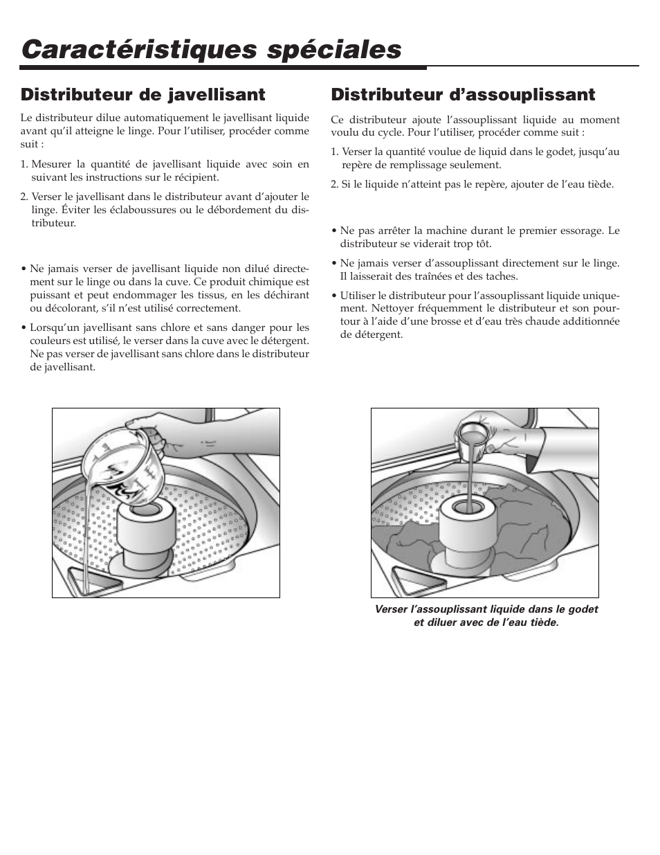 Caractéristiques spéciales, Distributeur de javellisant, Distributeur d’assouplissant | Maytag SAV505DAWW User Manual | Page 17 / 32