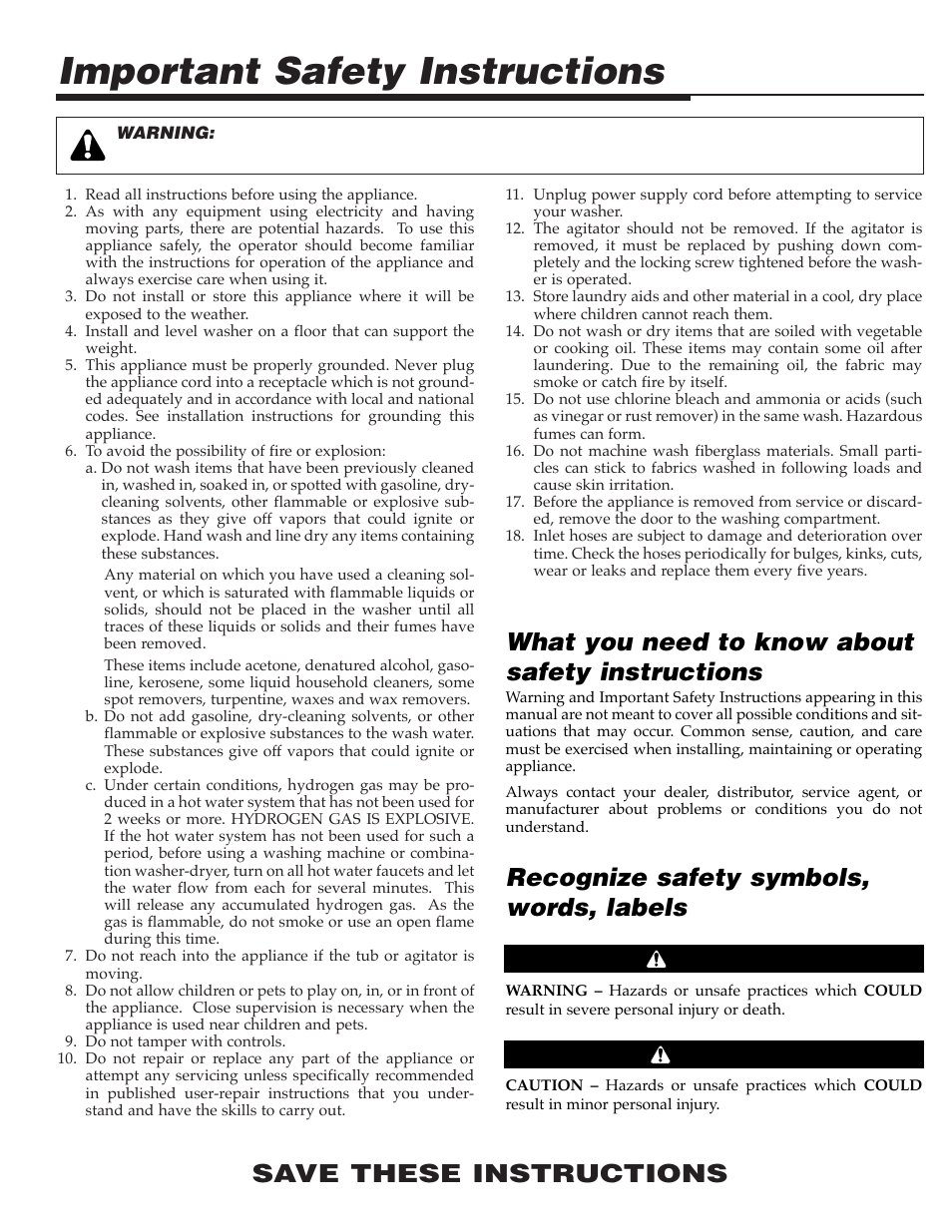 Important safety instructions, Save these instructions, Recognize safety symbols, words, labels | What you need to know about safety instructions, Warning caution | Maytag SAV505DAWW User Manual | Page 2 / 32