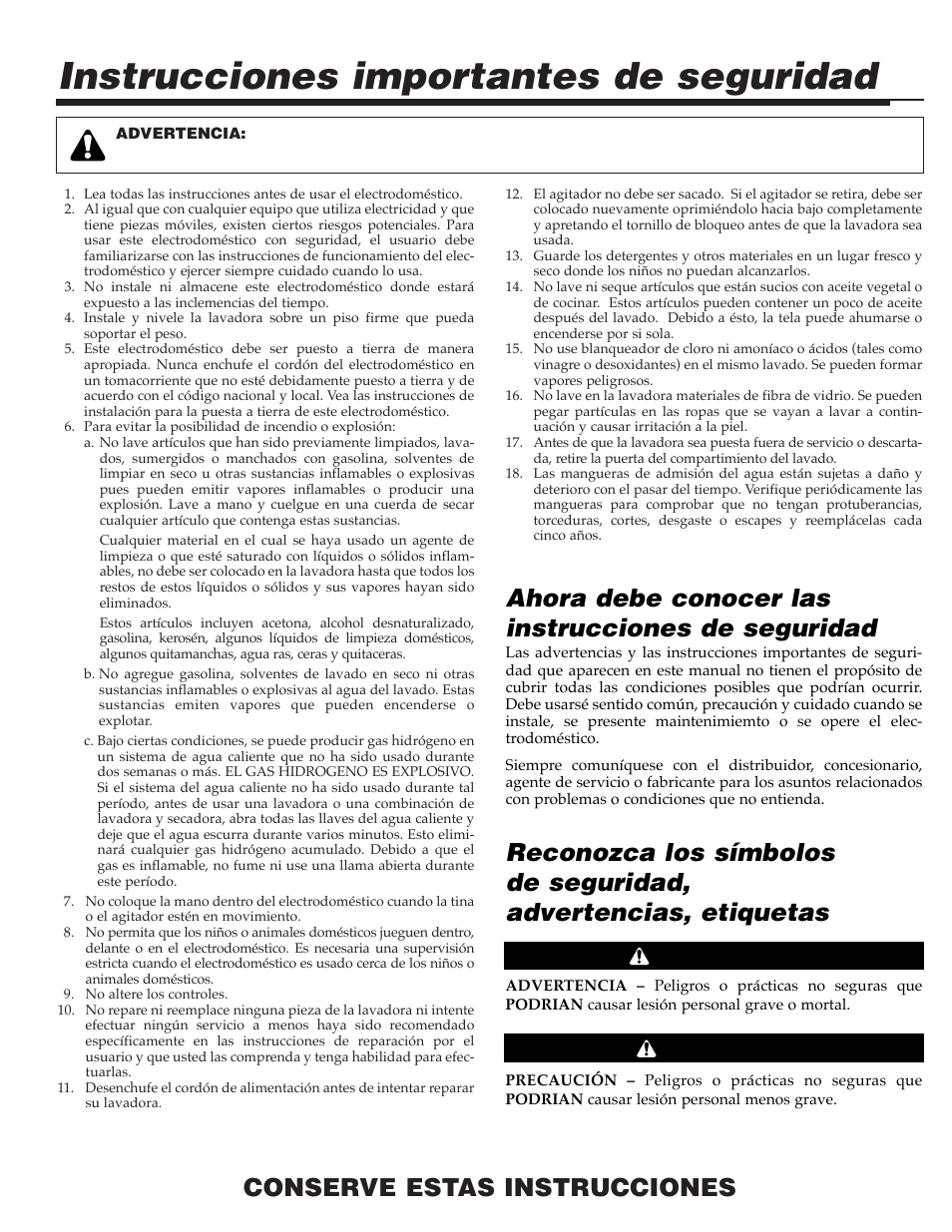 Instrucciones importantes de seguridad, Conserve estas instrucciones, Ahora debe conocer las instrucciones de seguridad | Advertencia precaución | Maytag SAV505DAWW User Manual | Page 22 / 32