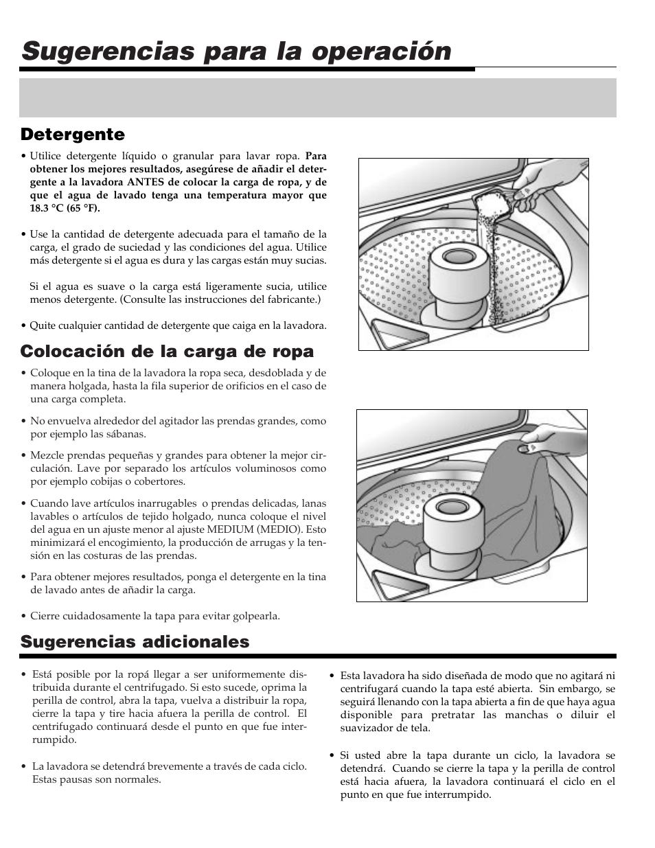 Sugerencias para la operación, Colocación de la carga de ropa, Sugerencias adicionales | Detergente | Maytag SAV505DAWW User Manual | Page 23 / 32