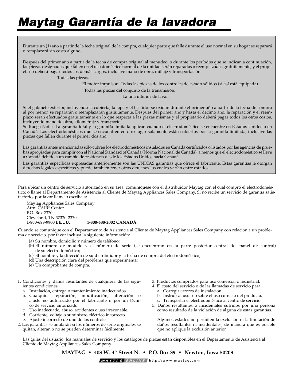 Maytag garantía de la lavadora | Maytag SAV505DAWW User Manual | Page 32 / 32