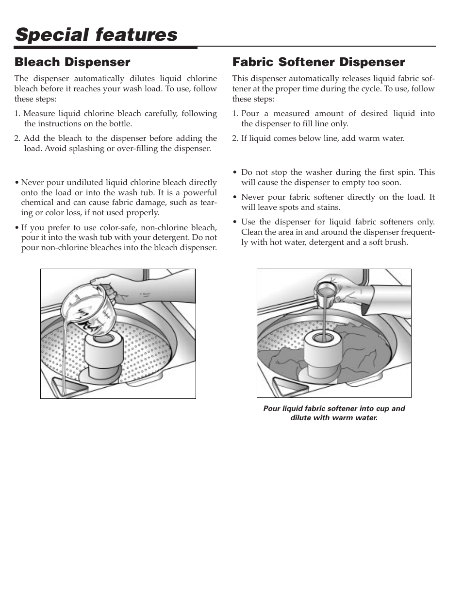 Special features, Bleach dispenser, Fabric softener dispenser | Maytag SAV505DAWW User Manual | Page 7 / 32