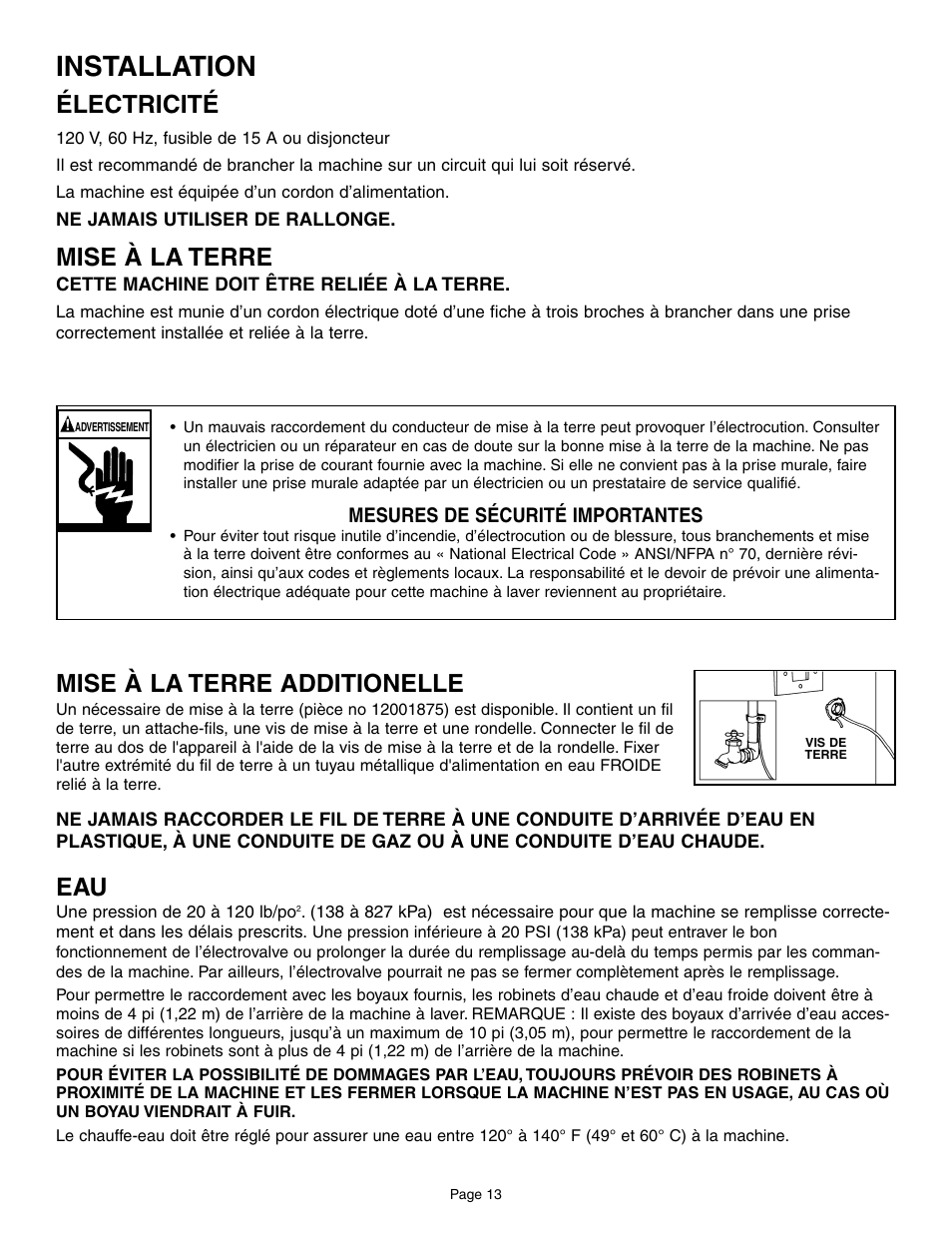 Installation, Mise à la terre additionelle, Électricité | Mise à la terre | Maytag MAH6800AWW User Manual | Page 14 / 23