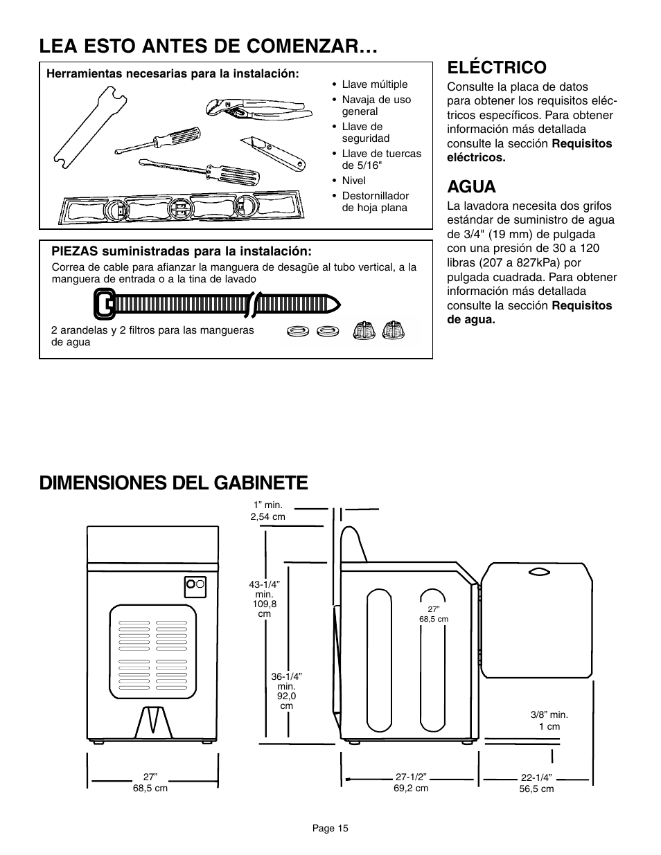 Dimensiones del gabinete, Lea esto antes de comenzar, Eléctrico | Agua | Maytag MAH6800AWW User Manual | Page 16 / 23