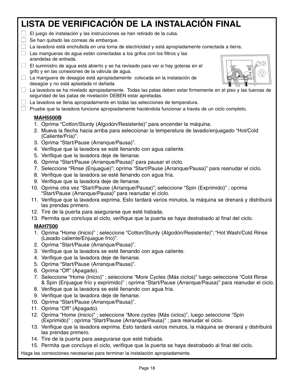Lista de verificación de la instalación final | Maytag MAH6800AWW User Manual | Page 19 / 23
