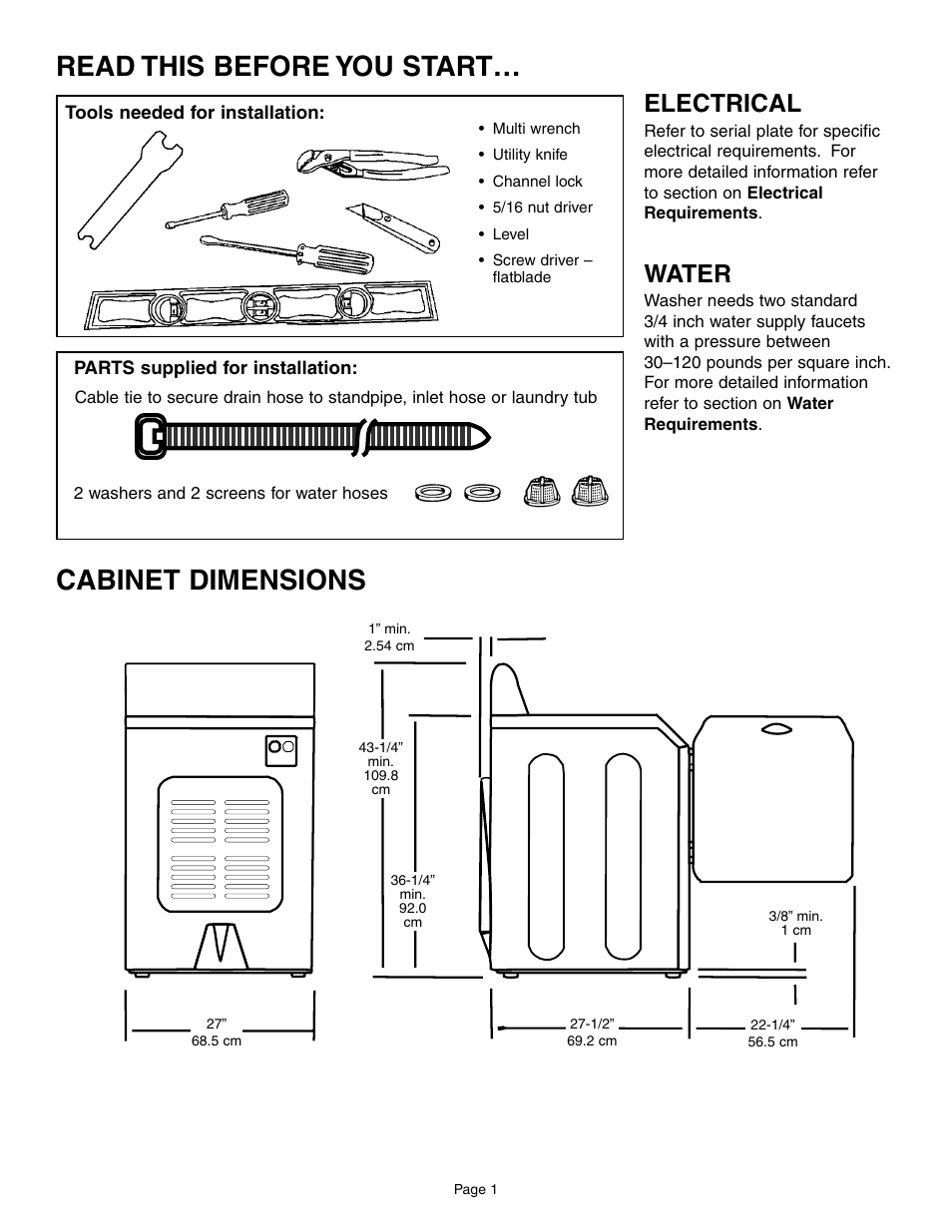 Cabinet dimensions, Read this before you start, Electrical | Water | Maytag MAH6800AWW User Manual | Page 2 / 23