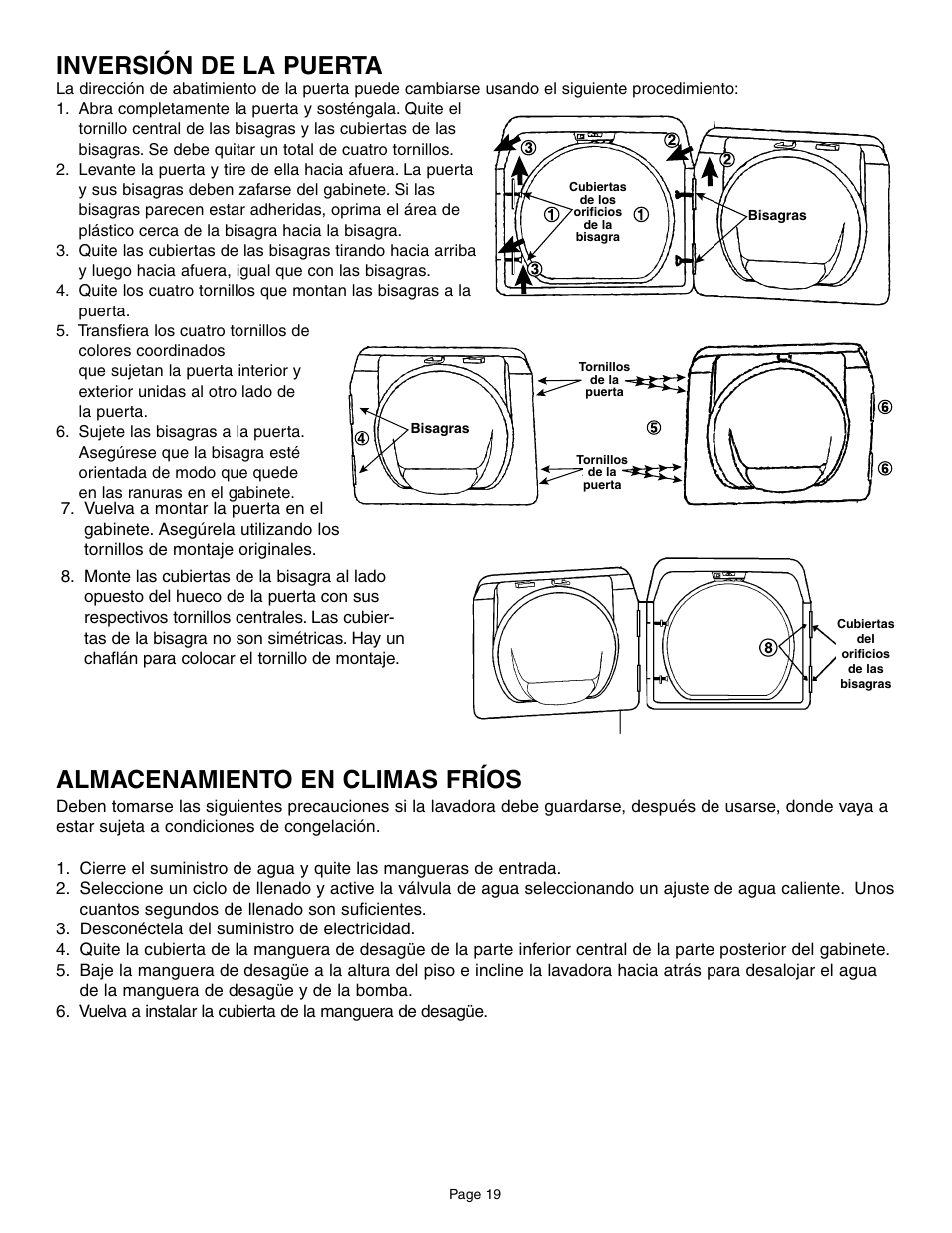 Almacenamiento en climas fríos, Inversión de la puerta | Maytag MAH6800AWW User Manual | Page 20 / 23