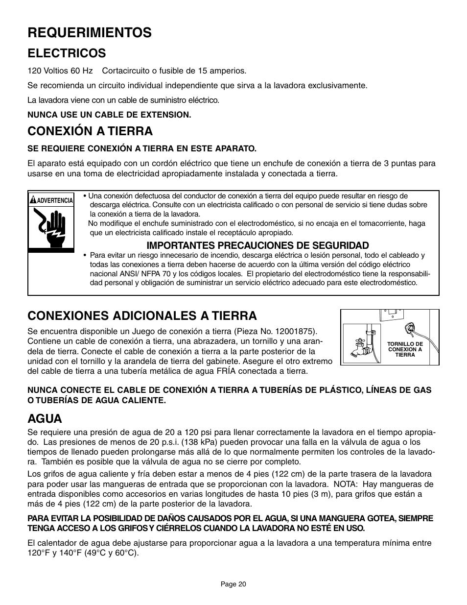 Requerimientos, Conexiones adicionales a tierra, Agua | Electricos, Conexión a tierra | Maytag MAH6800AWW User Manual | Page 21 / 23