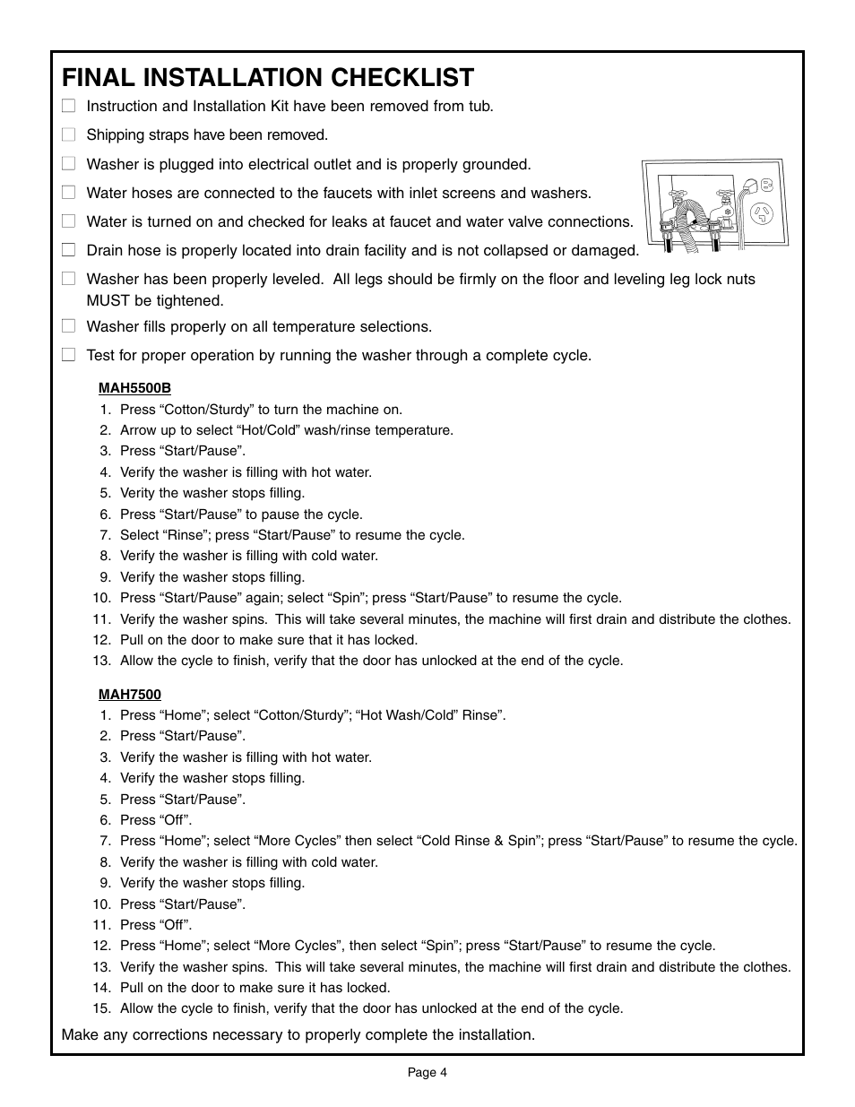 Final installation checklist | Maytag MAH6800AWW User Manual | Page 5 / 23