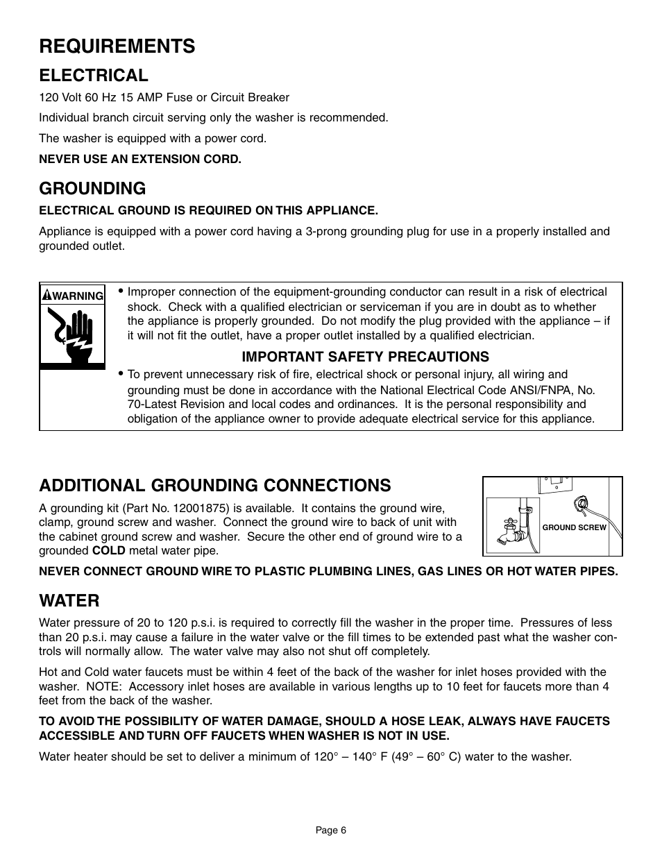 Requirements, Additional grounding connections, Water | Electrical, Grounding | Maytag MAH6800AWW User Manual | Page 7 / 23