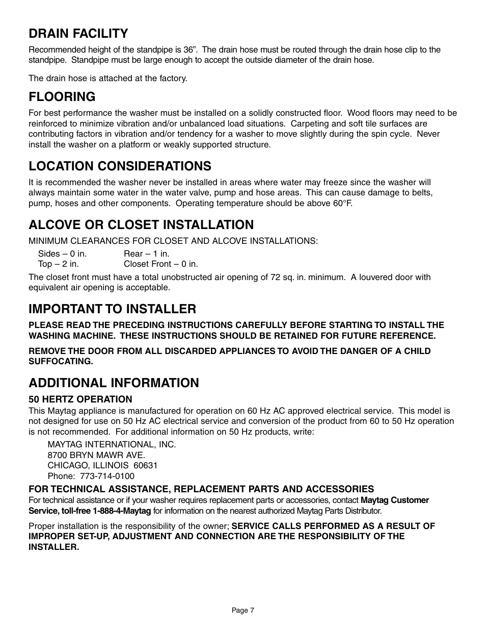 Drain facility, Flooring, Location considerations | Alcove or closet installation, Important to installer, Additional information | Maytag MAH6800AWW User Manual | Page 8 / 23