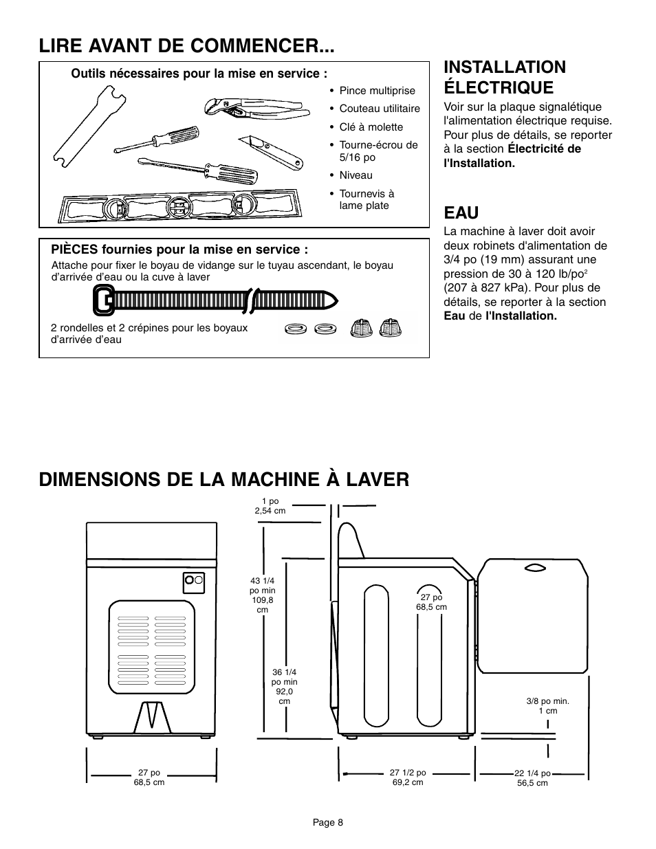 Dimensions de la machine à laver, Lire avant de commencer, Installation électrique | Maytag MAH6800AWW User Manual | Page 9 / 23