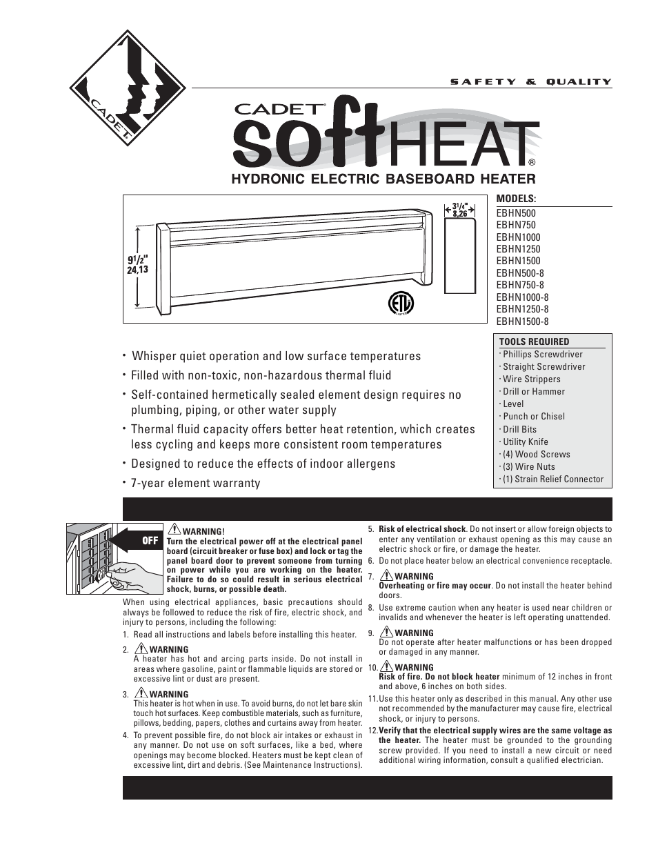 Cadet SOFTHEAT EBHN500 User Manual | 10 pages