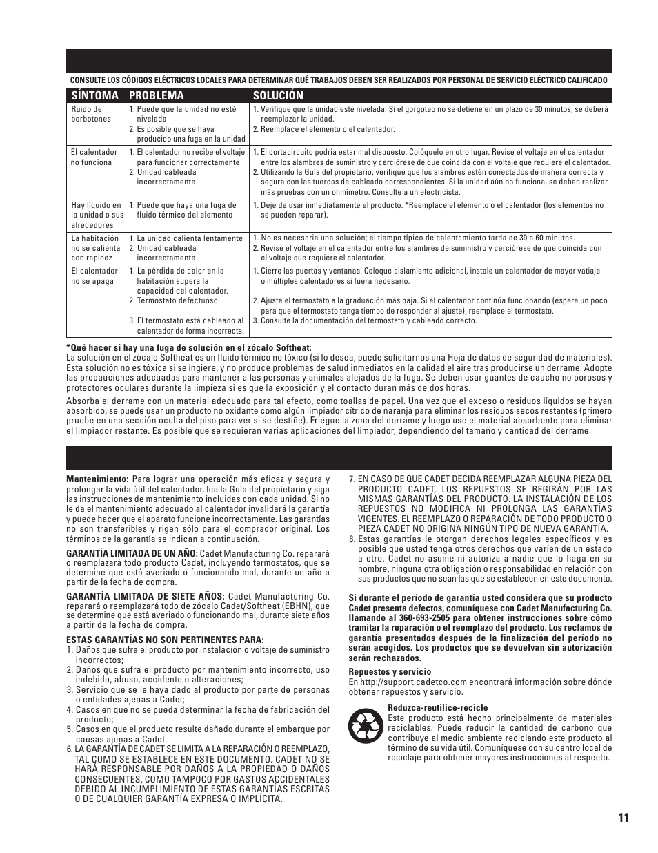 Tabla de resolución de problemas, Garantía | Cadet SOFTHEAT EBHN500 User Manual | Page 10 / 10