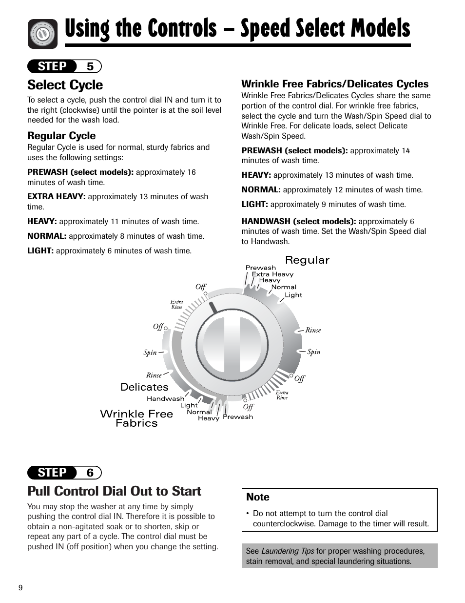 Using the controls – speed select models, Pull control dial out to start, Select cycle | Maytag PAVT234AWW User Manual | Page 10 / 48
