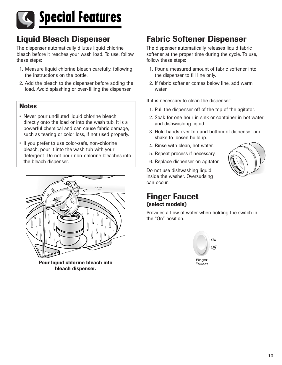 Special features, Liquid bleach dispenser, Fabric softener dispenser | Finger faucet | Maytag PAVT234AWW User Manual | Page 11 / 48