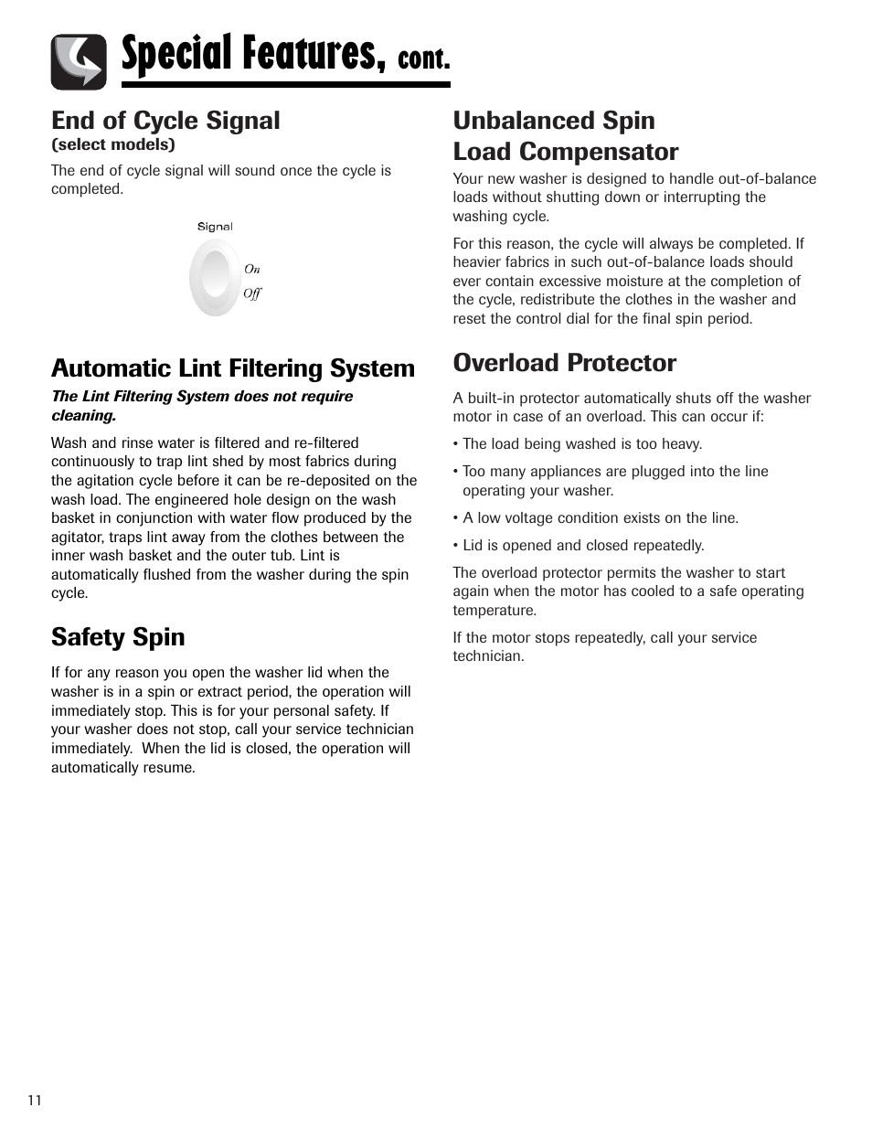 Special features, Cont, End of cycle signal | Unbalanced spin load compensator, Overload protector, Automatic lint filtering system, Safety spin | Maytag PAVT234AWW User Manual | Page 12 / 48