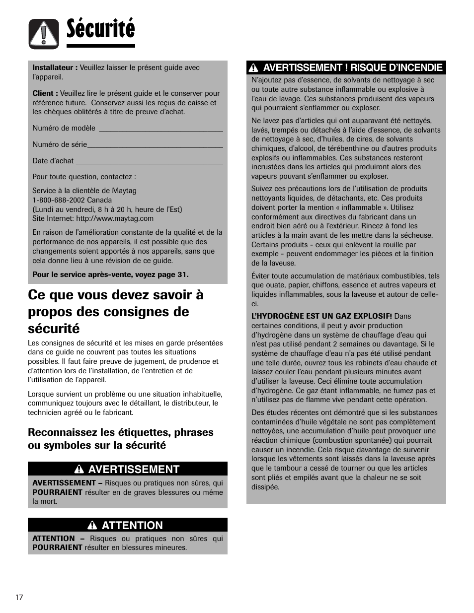 Sécurité | Maytag PAVT234AWW User Manual | Page 18 / 48