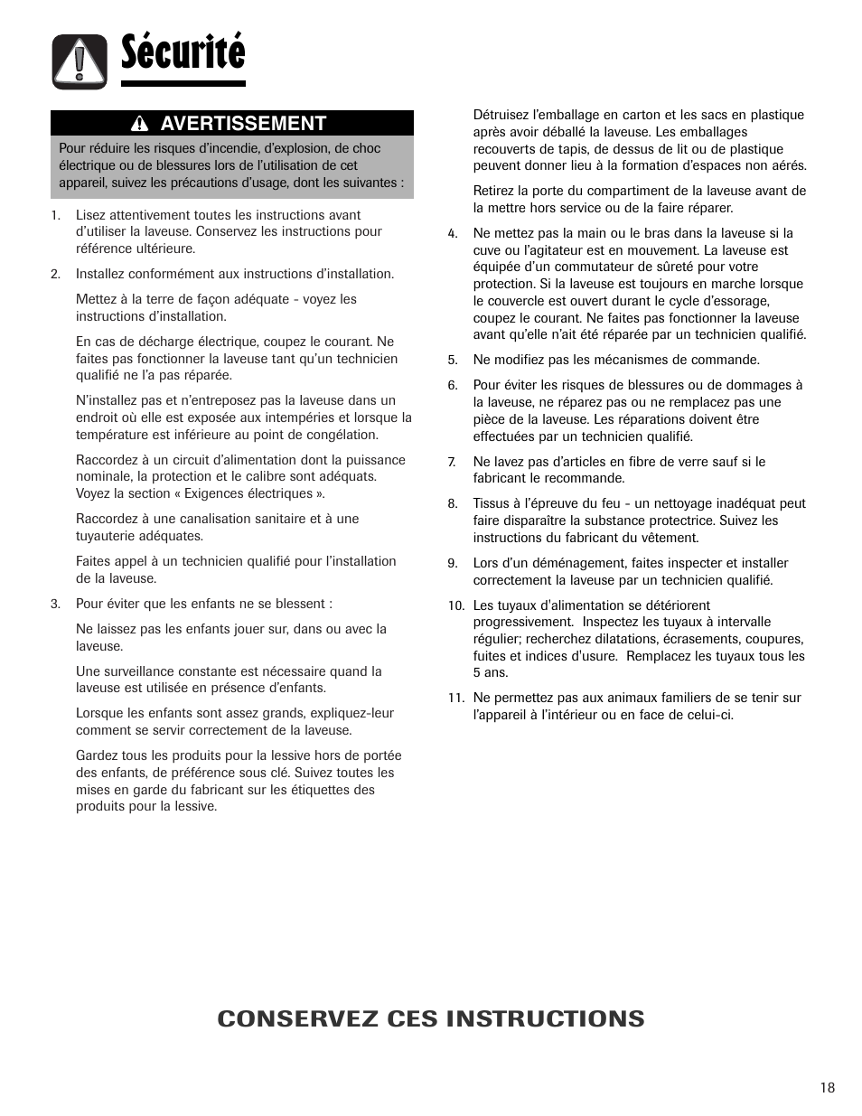 Sécurité, Conservez ces instructions, Avertissement | Maytag PAVT234AWW User Manual | Page 19 / 48