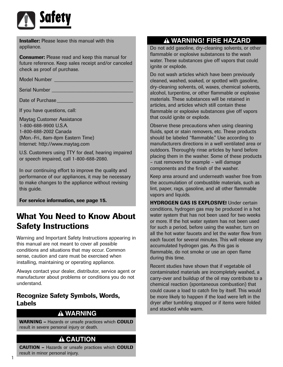 Safety, What you need to know about safety instructions | Maytag PAVT234AWW User Manual | Page 2 / 48