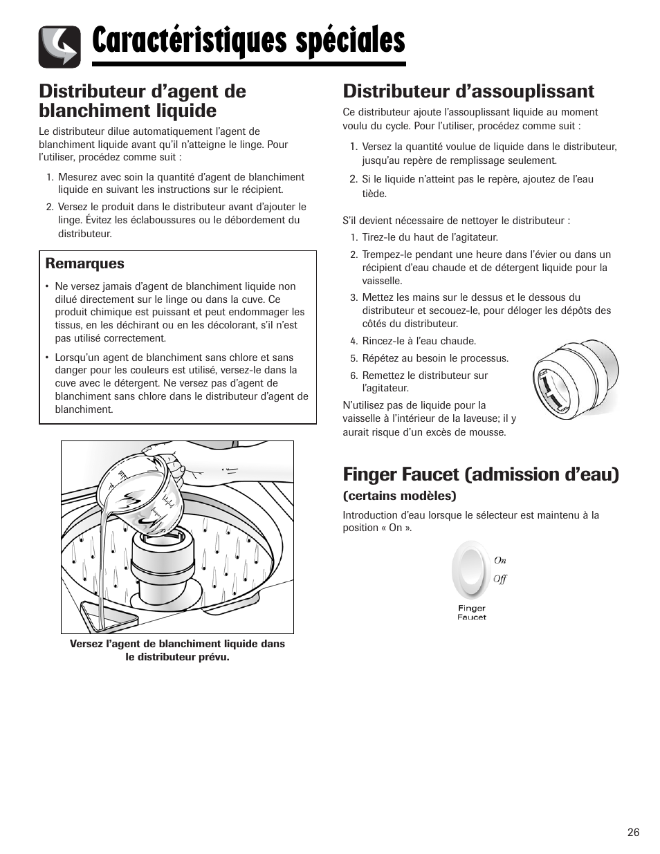 Caractéristiques spéciales, Distributeur d’agent de blanchiment liquide, Distributeur d’assouplissant | Finger faucet (admission d’eau) | Maytag PAVT234AWW User Manual | Page 27 / 48