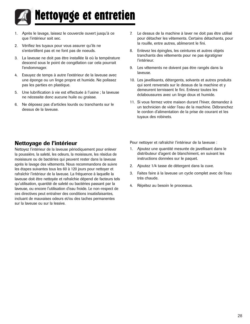 Nettoyage et entretien, Nettoyage de l’intérieur | Maytag PAVT234AWW User Manual | Page 29 / 48