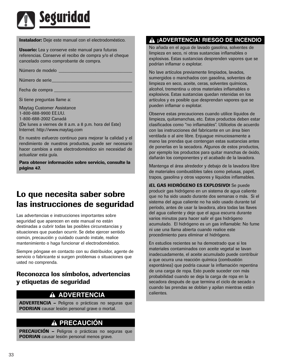 Seguridad | Maytag PAVT234AWW User Manual | Page 34 / 48